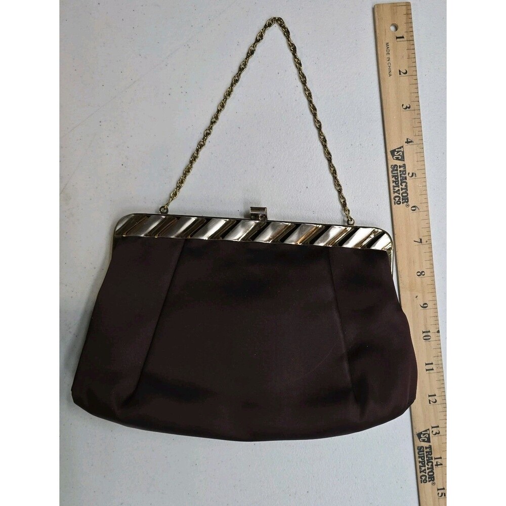 Vintage Miss Lewis Evening Bag Purse Clutch Burgundy Satin Gold Chain Kiss Lock - Picture 11 of 11